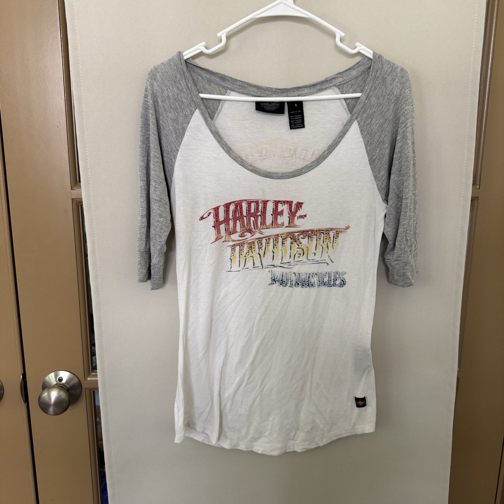 Harley Davidson Women's Small 3/4 Raglan Sleeve Logo Tee T-Shirt‎ Rhinestones